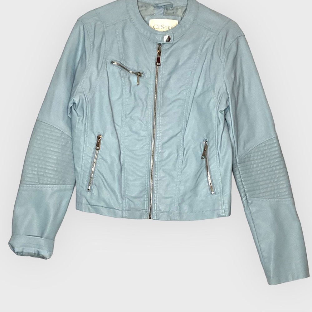 Baby Blue Faux-Leather Bomber/Motorcycle Jacket - Juniors L